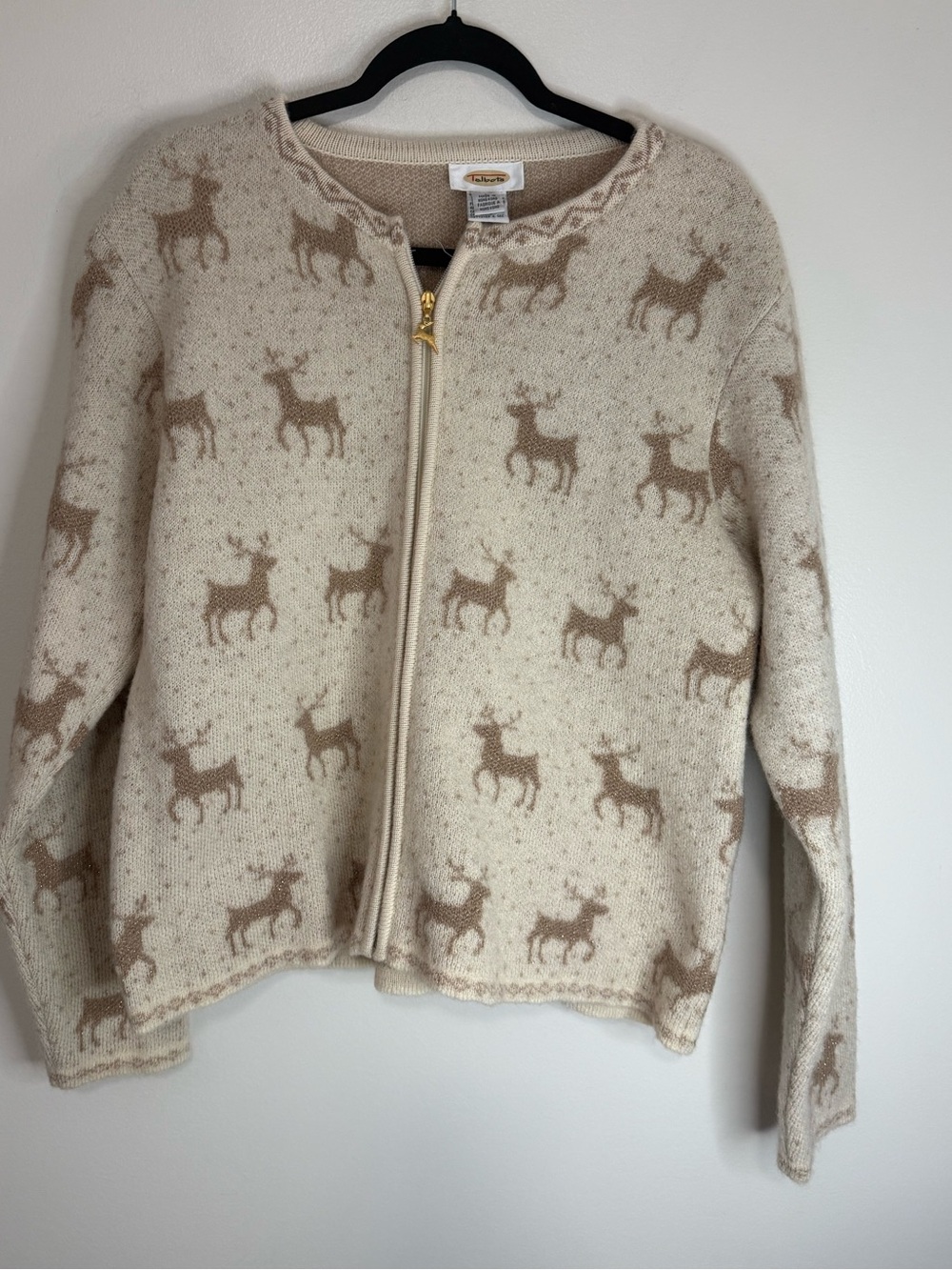 Talbots Vintage Cream Reindeer Zip Cardigan wool blend size large